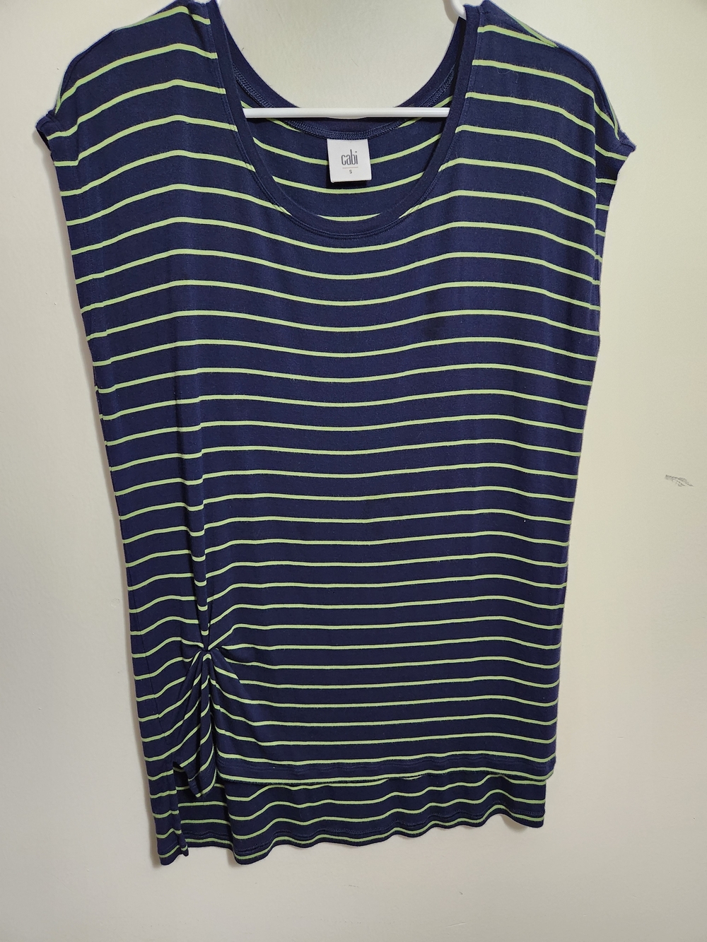 CAbi Navy and Lime Stripe Short Sleeve Tee with Side Knot S Small